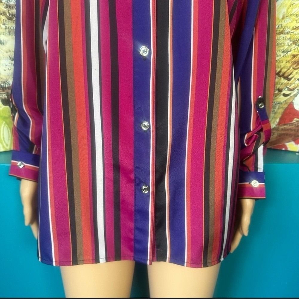 Anne Klein Blouse Retro Multicolor Striped Button Down Long Sleeve Workwear - Picture 4 of 10